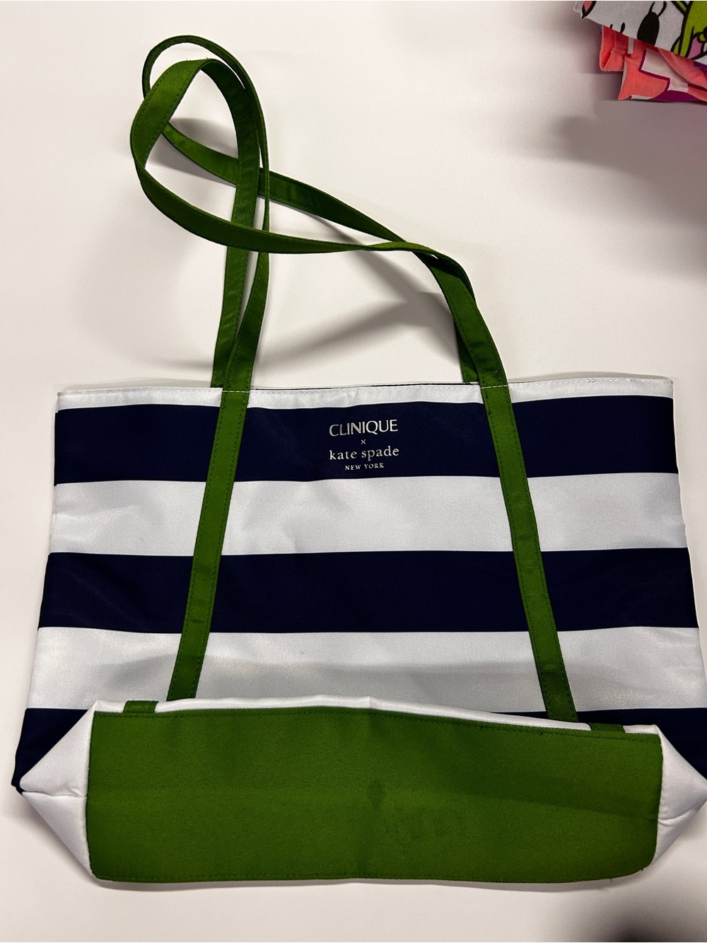 Clinique & Kate spade Navy & White Striped Tote with Green Handles